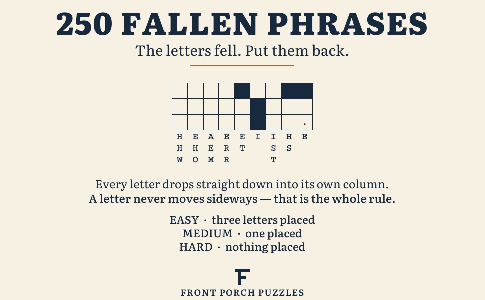 Sample fallen phrases puzzle showing letters beneath a large-print grid