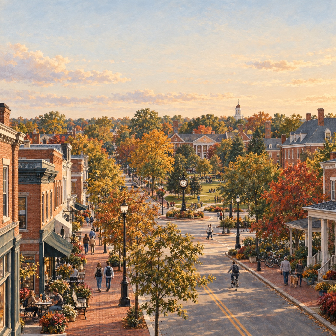 Watercolor-style autumn view down a brick-lined street in Oxford, Ohio